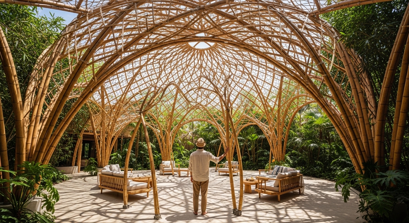 Cúpula geodésica de bambú en eco-hotel